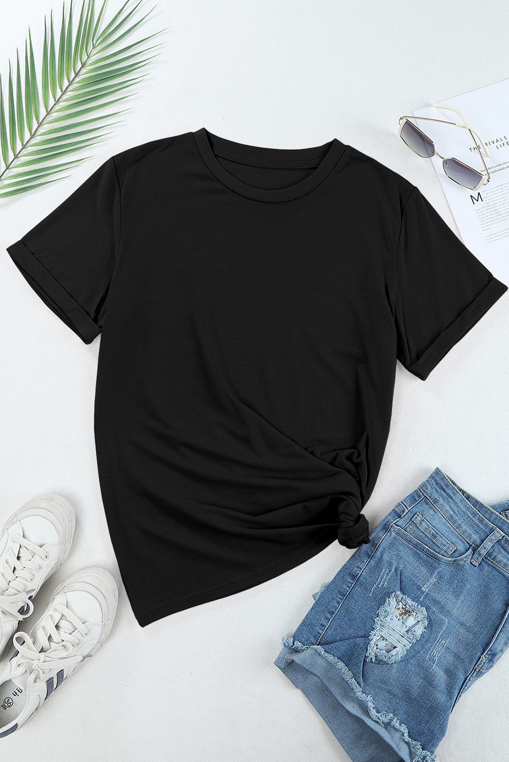 Sachet Pink Solid Color Basic Crew Neck Plain Tee