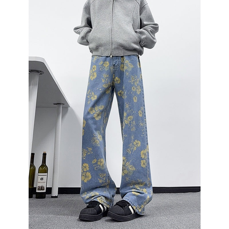 Floral Print Denim Pants Men Wide Leg Pants