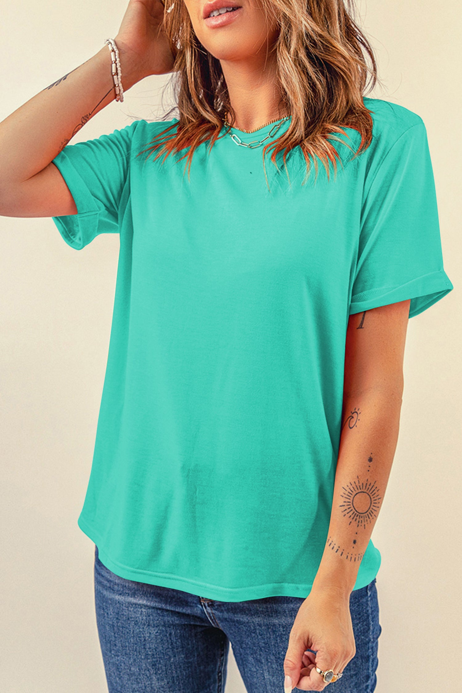 Sachet Pink Solid Color Basic Crew Neck Plain Tee