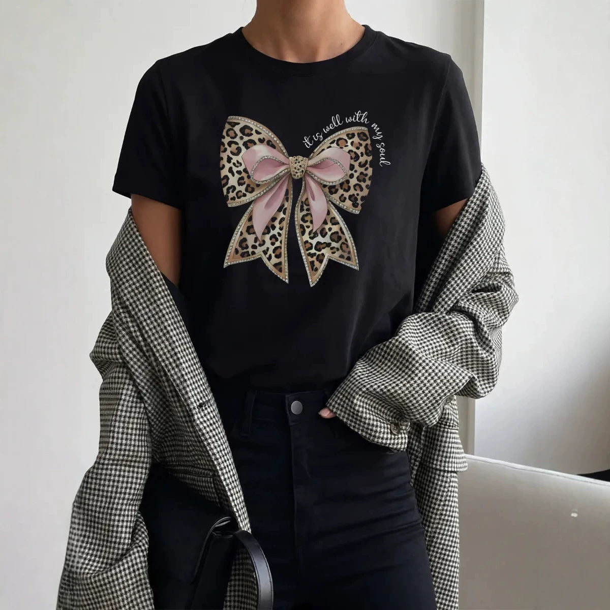 Leopard print bow print short sleeved T-shirt for women