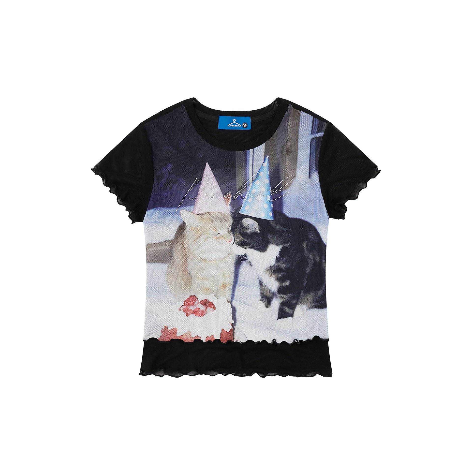 Women's Loose Round Neck Casual Short Sleeve T-Shirt with Birthday Cat Print
