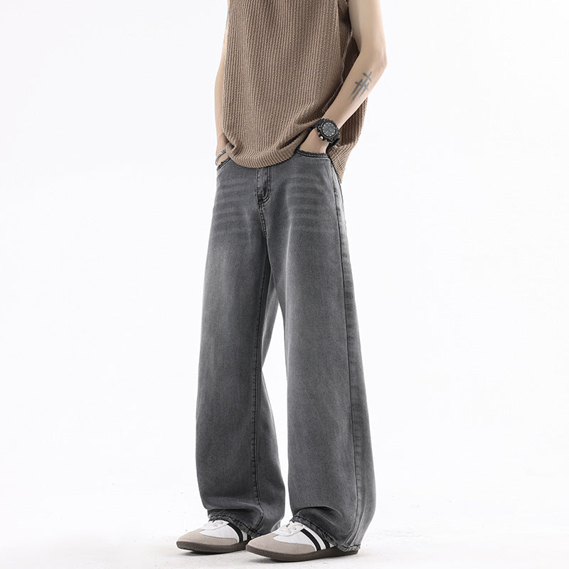 Denim Pants Men Loose Straight Leg Blue Casual Drape Wide Leg Long Pants