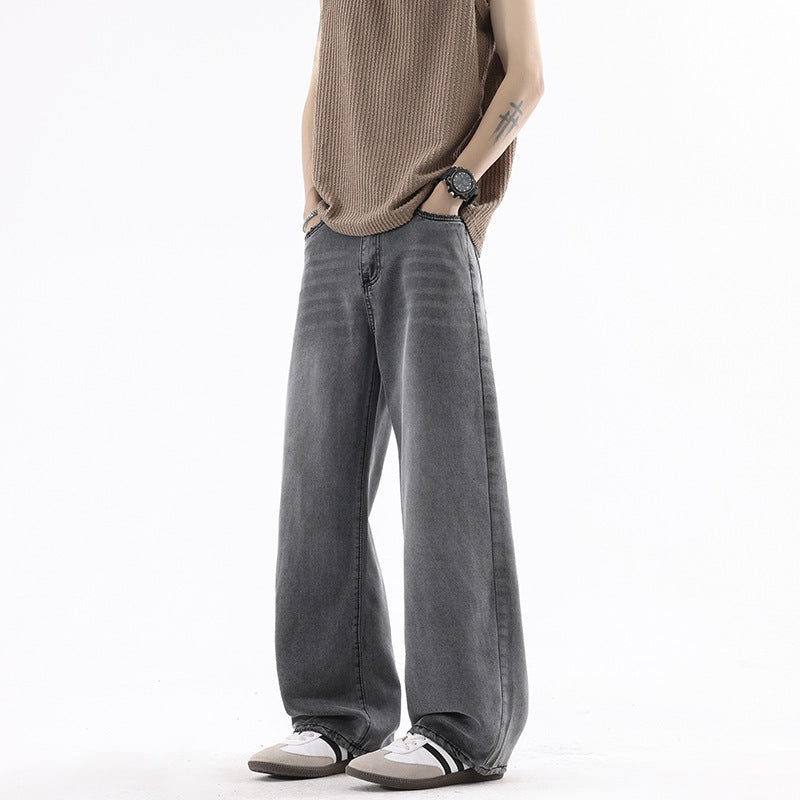 Denim Pants Men Loose Straight Leg Blue Casual Drape Wide Leg Long Pants