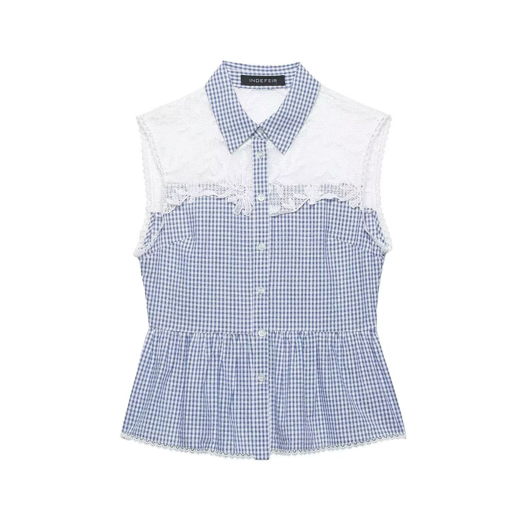 Lace patchwork small plaid sleeveless shirt