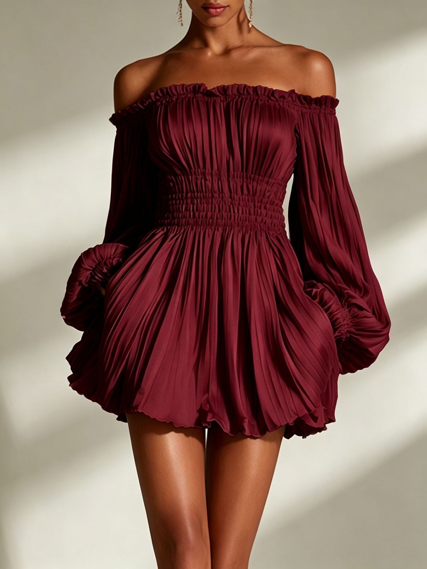 Elegant One-Shoulder Pleated Fitted Long Sleeve Dress for Women