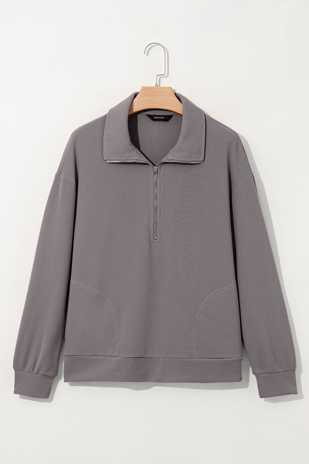 Gray Waffle Texture Collar Half Zip Pocketed Drop Shoulder Sweatshirt