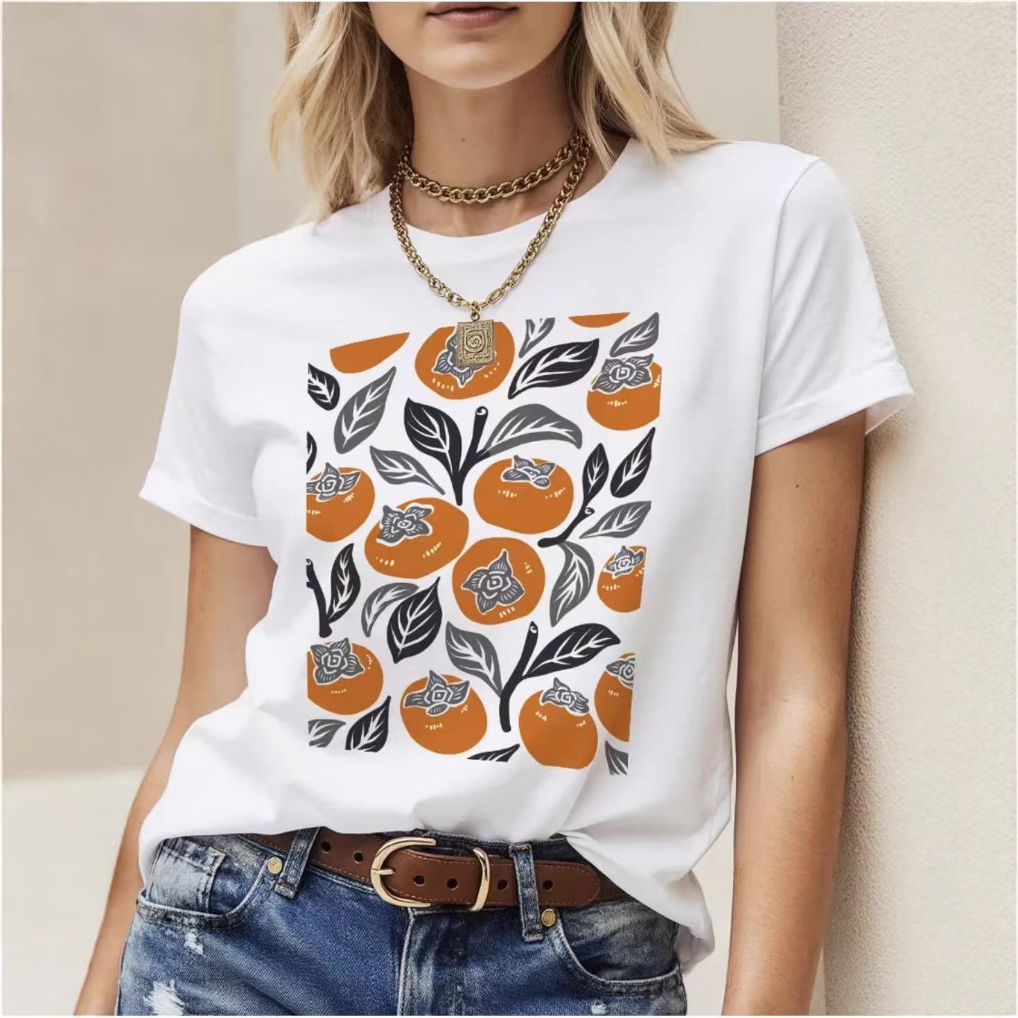 Persimmon pattern round neck loose short sleeved top for women
