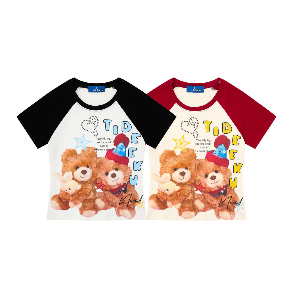 Women's Loose Round Neck Casual Short Sleeve Shirt with Cute Bear Print