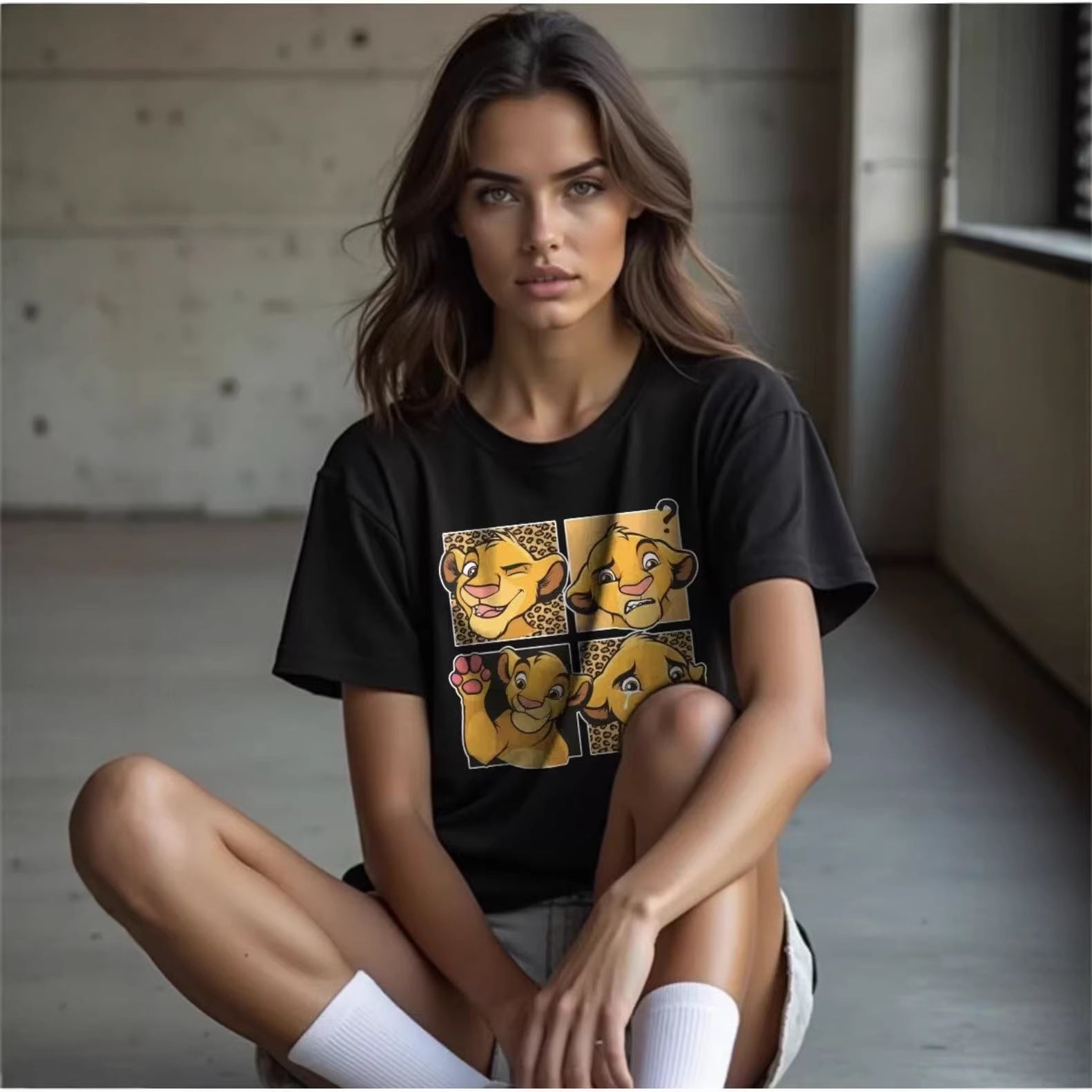 Leopard pattern round neck loose short sleeved top for women