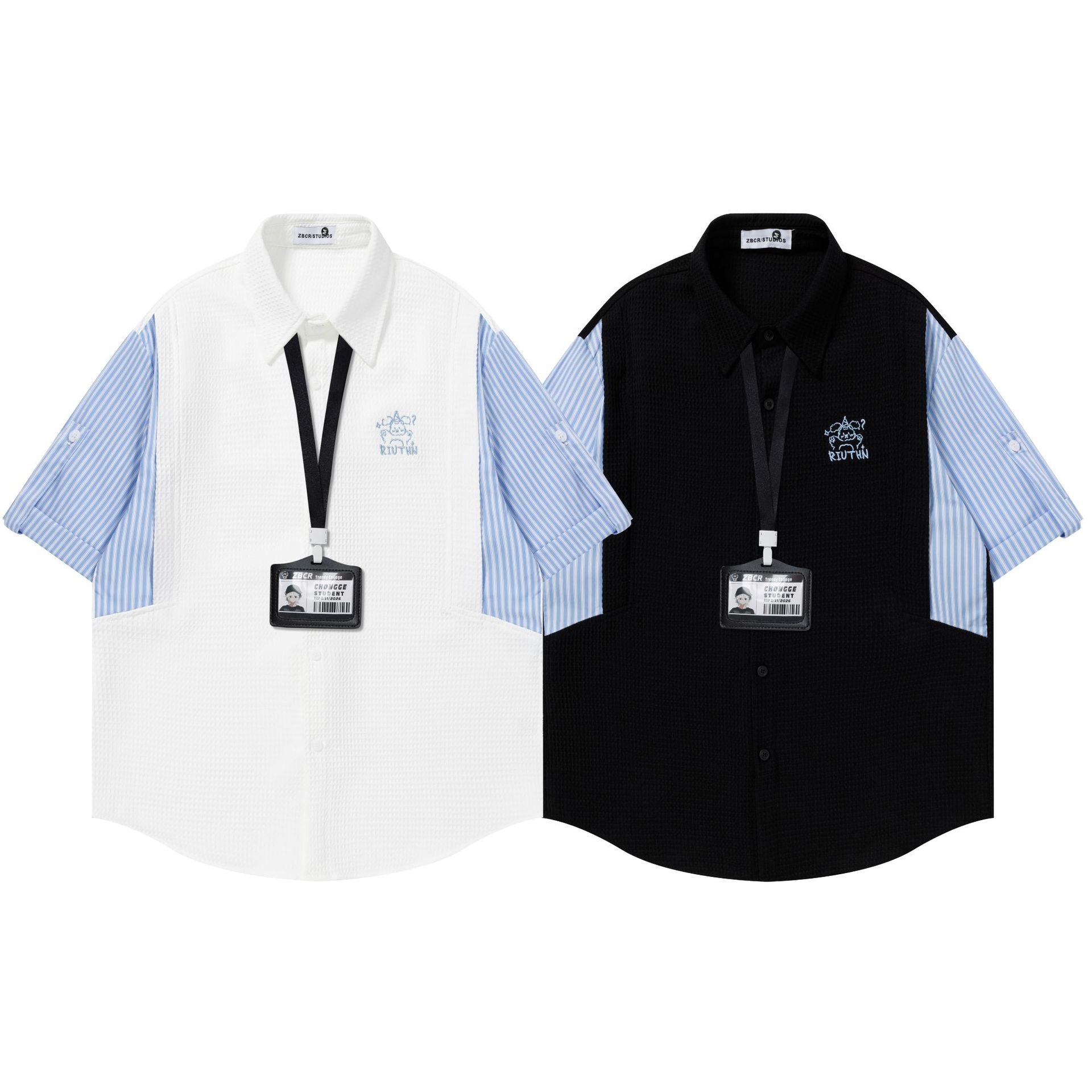 Splicing striped fake two short sleeves