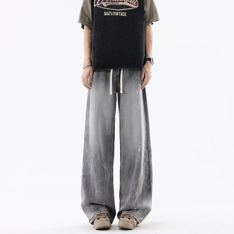 Ice Silk Denim Pants Men Retro Loose Basic Versatile Drape Wide Leg Long Pants