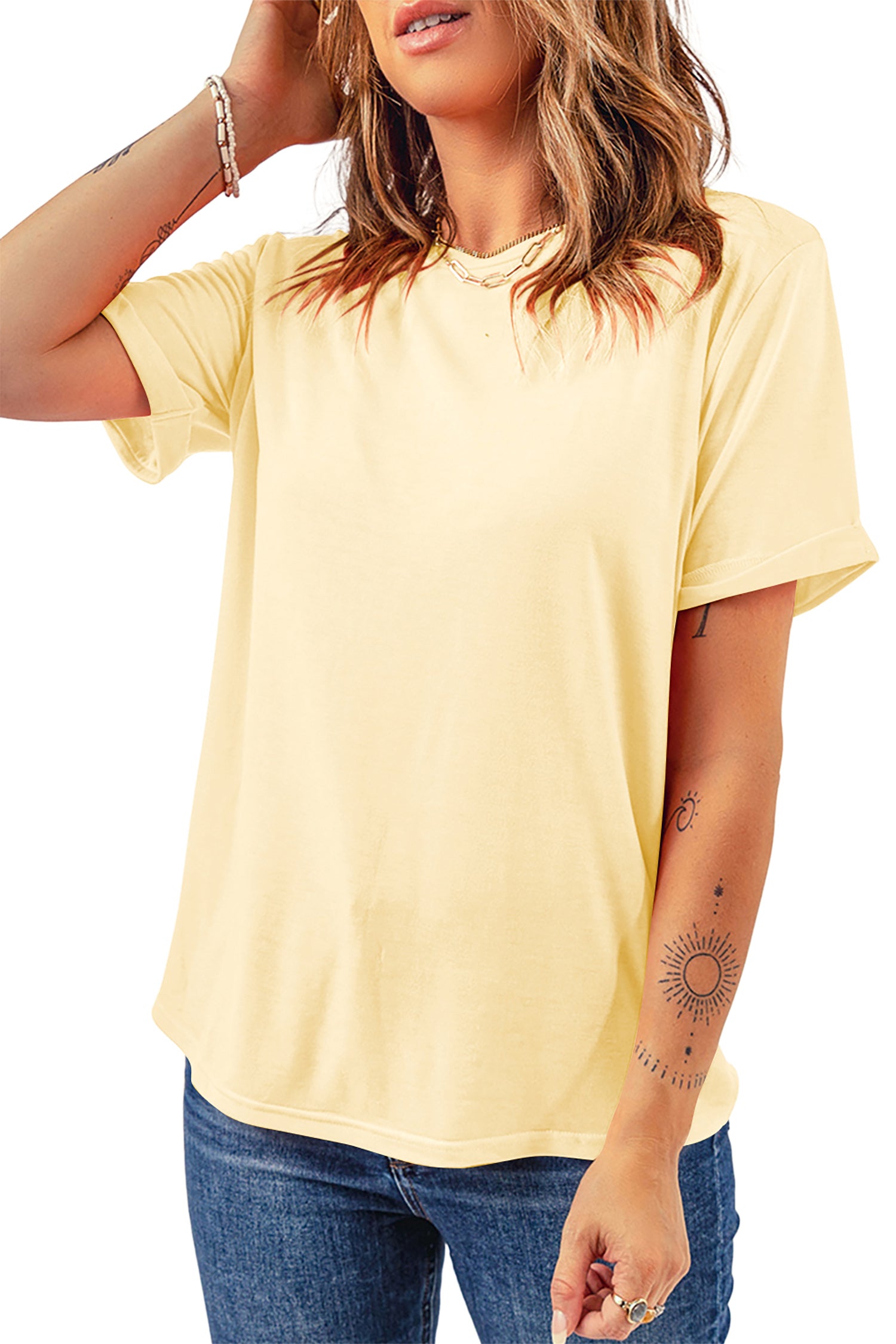 Sachet Pink Solid Color Basic Crew Neck Plain Tee