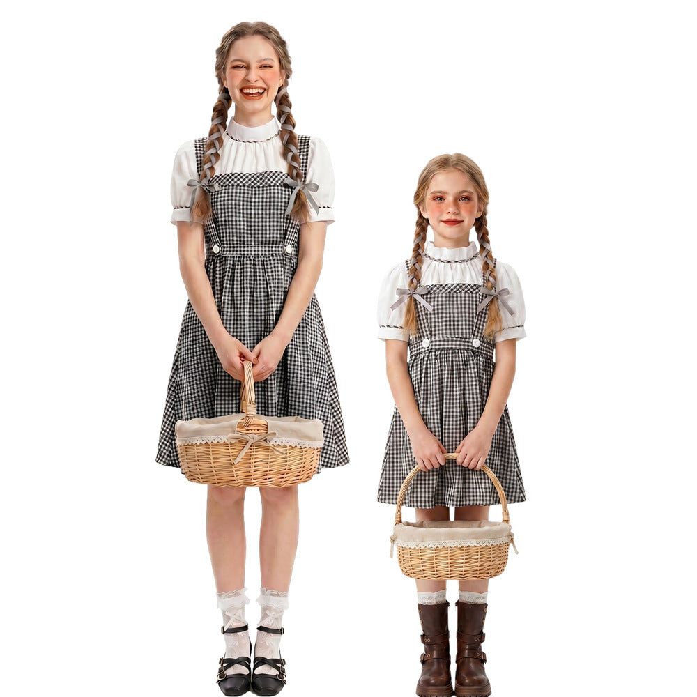 Vintage Mother-Daughter Matching Outfits Summer Black and White Checkered Overall Dress Set French Countryside Photo Shoot Mother-Daughter