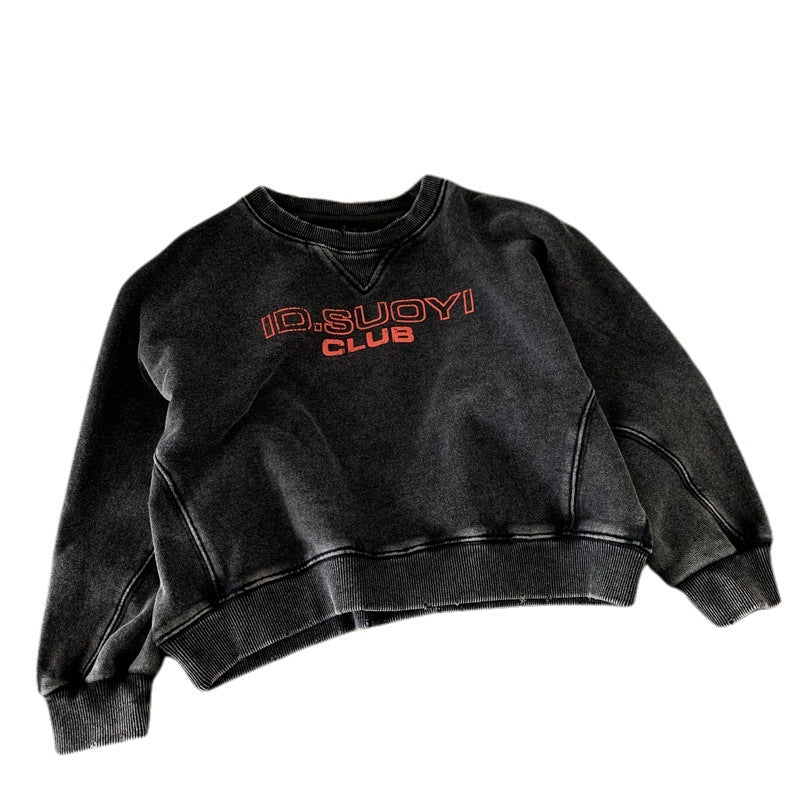 Retro Whitewashed Back Letter Sand Washed Hoodie Top