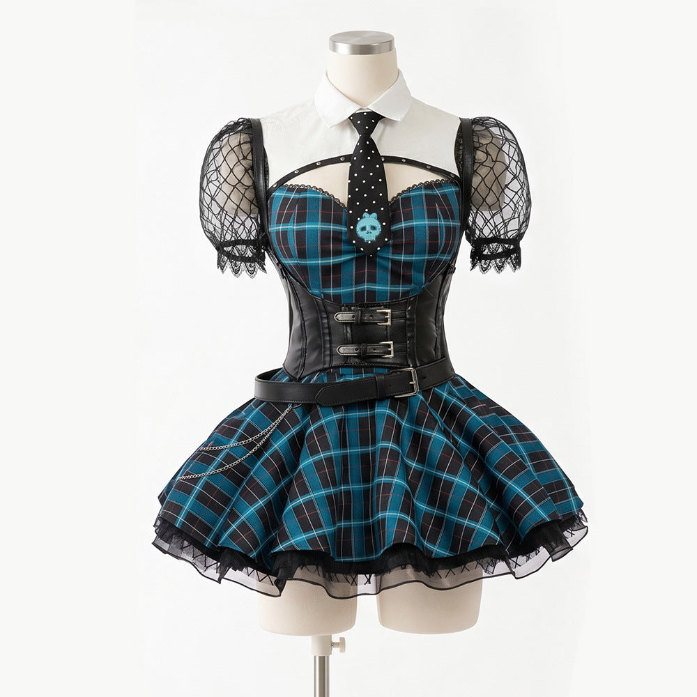 Elven High School Francine Cosplay Costume College Style Waist-Cinched Plaid Dress Halloween Role-Play Outfit