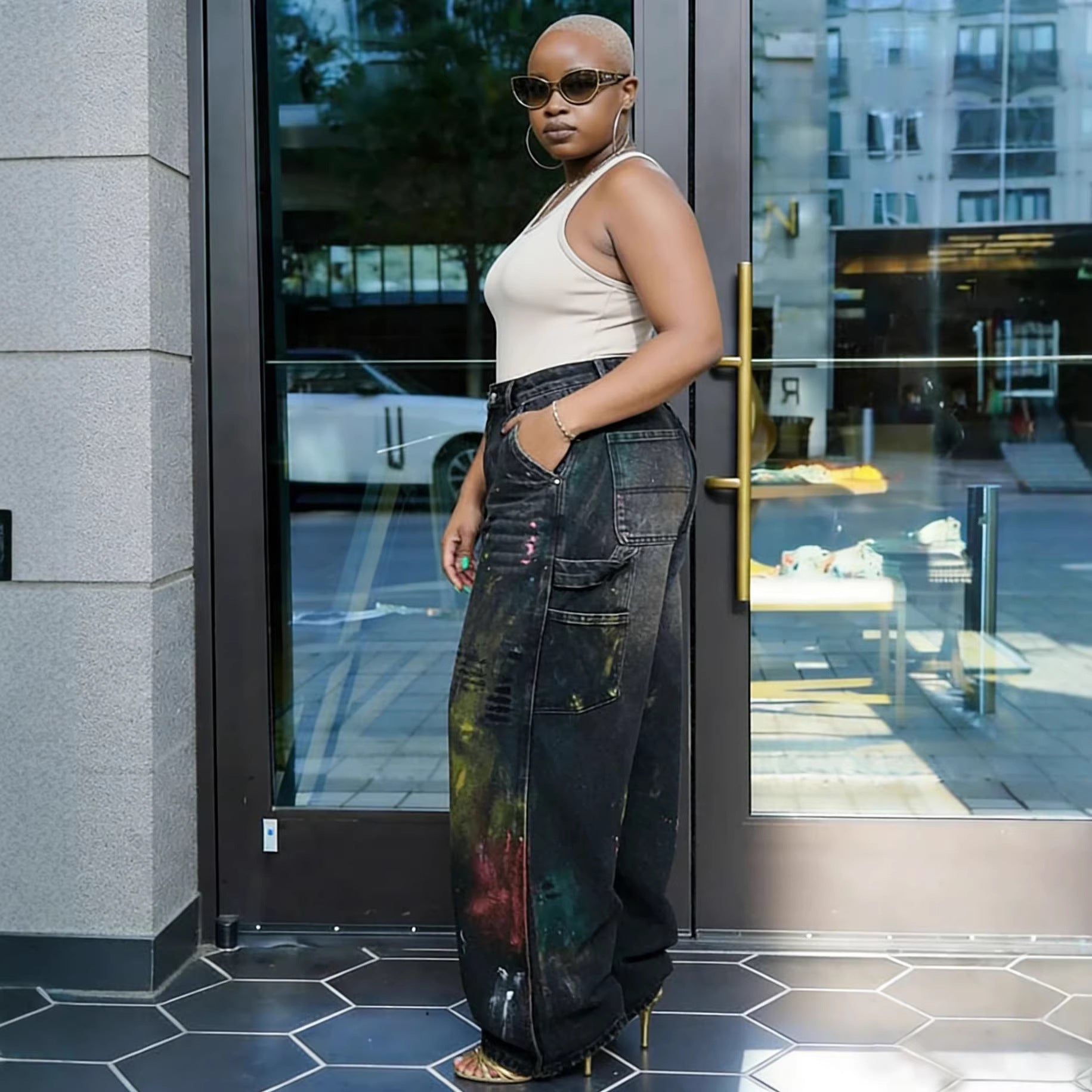 Street Style Heavy-Duty Painted Graffiti Ripped Jeans