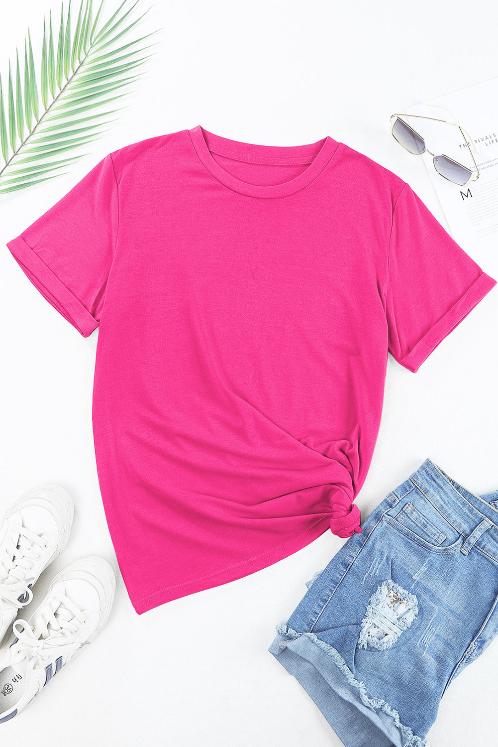 Sachet Pink Solid Color Basic Crew Neck Plain Tee