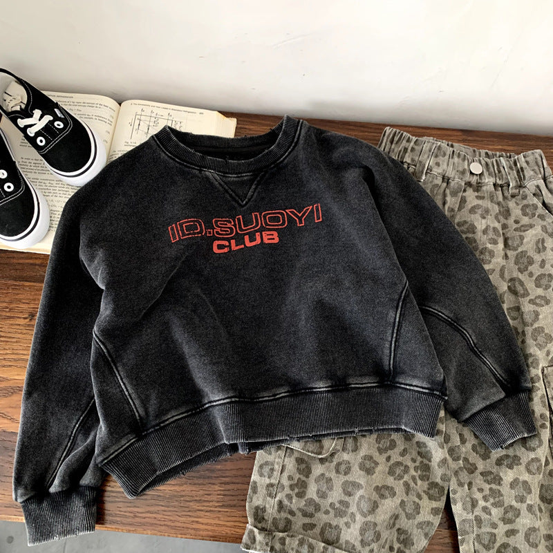 Retro Whitewashed Back Letter Sand Washed Hoodie Top