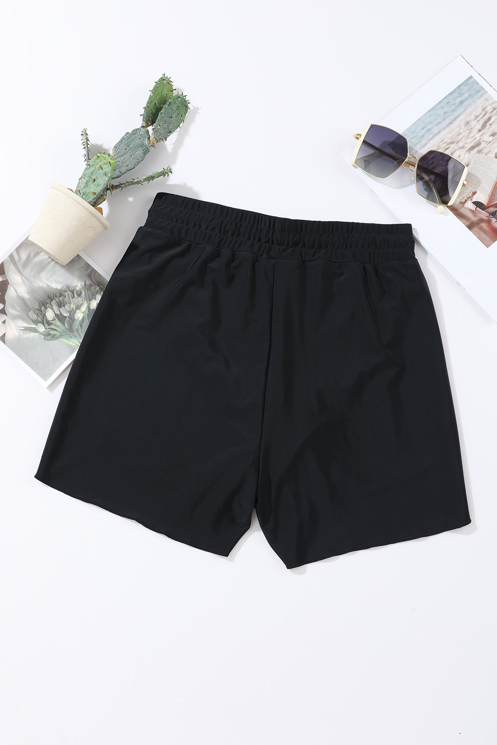 Black Solid Color 2-in-1 Drawstring Elastic Waist Swim Shorts