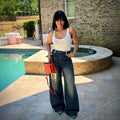 Street Style Asymmetric Letter Patch Washed Frayed Denim Pants