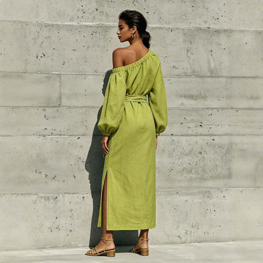 Fashionable Elegant Loose Linen Off-Shoulder Side Slit Dress with Belt