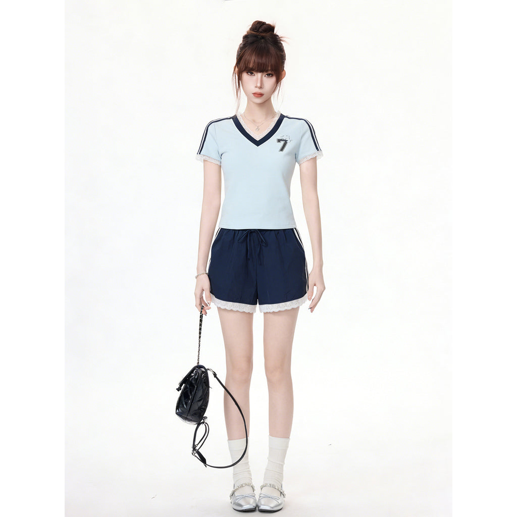 Short Sleeve T-Shirt for Women,  Unique Lace Splicing Casual Top