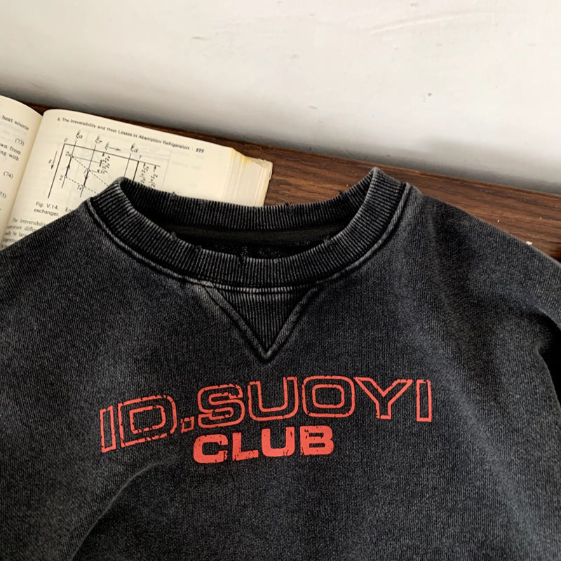 Retro Whitewashed Back Letter Sand Washed Hoodie Top