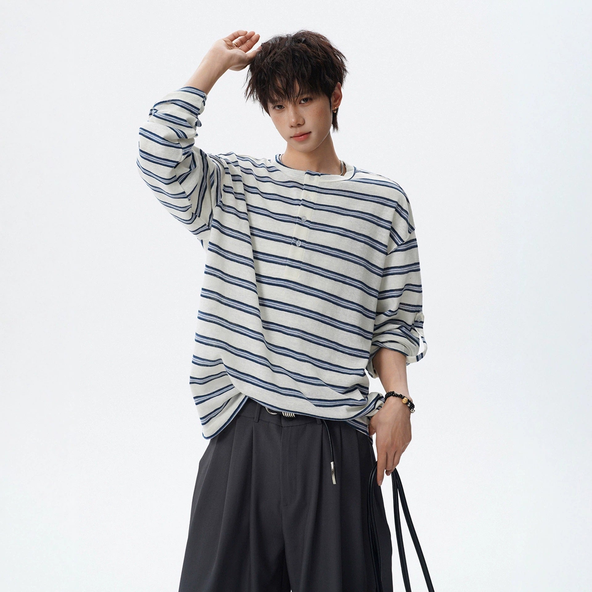 Black and White Stripe Henley Neck Long Sleeve T-Shirt