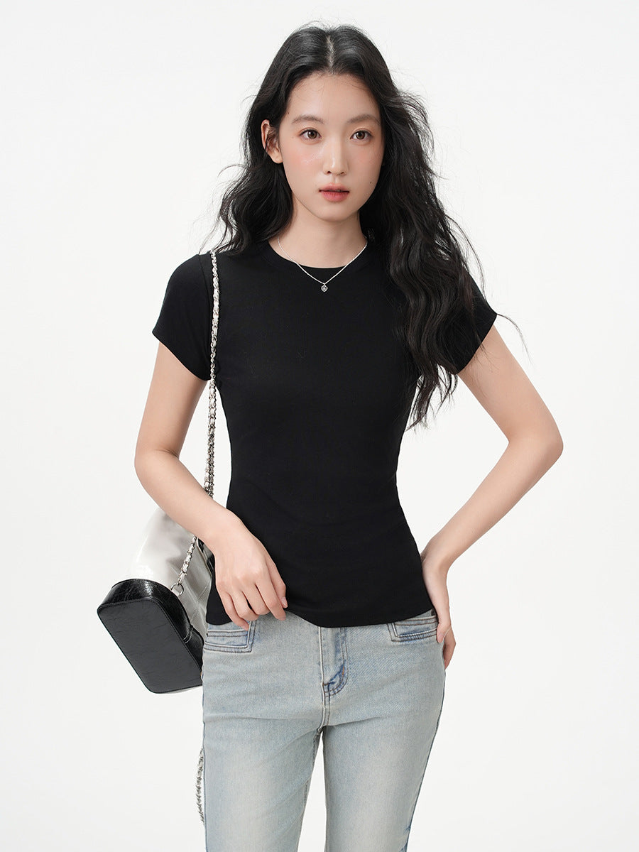 Round Neck Basic Cotton Fitted Short Sleeve T-Shirt for Women