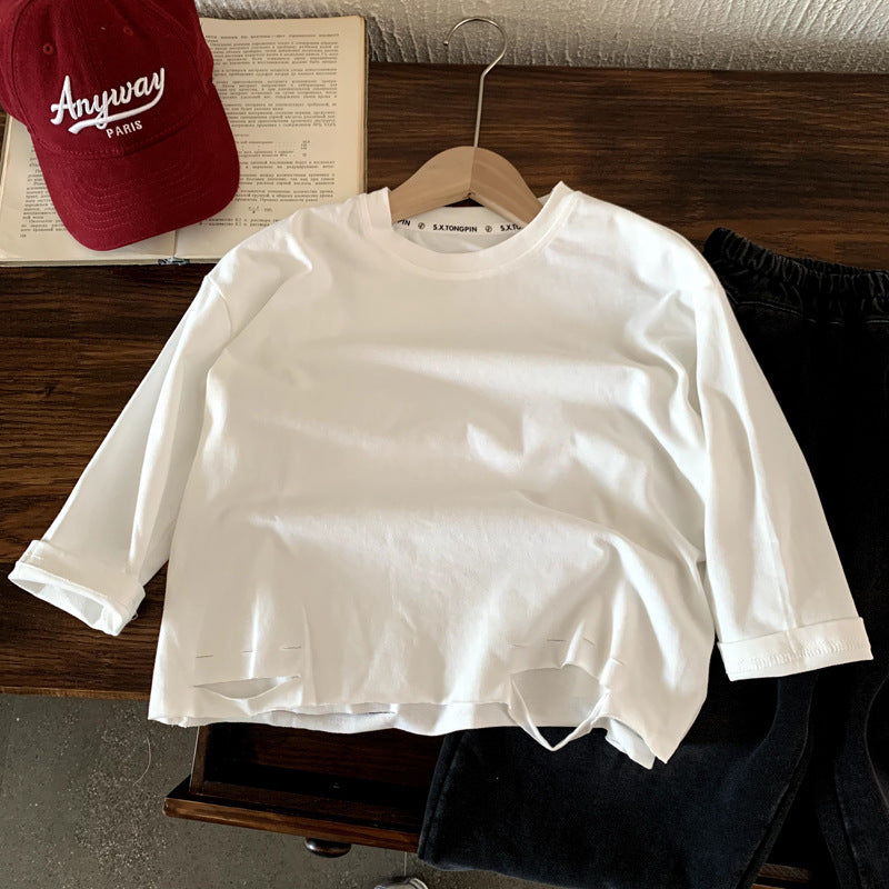Boys' cotton ripped hoodie with round neck and long sleeved top