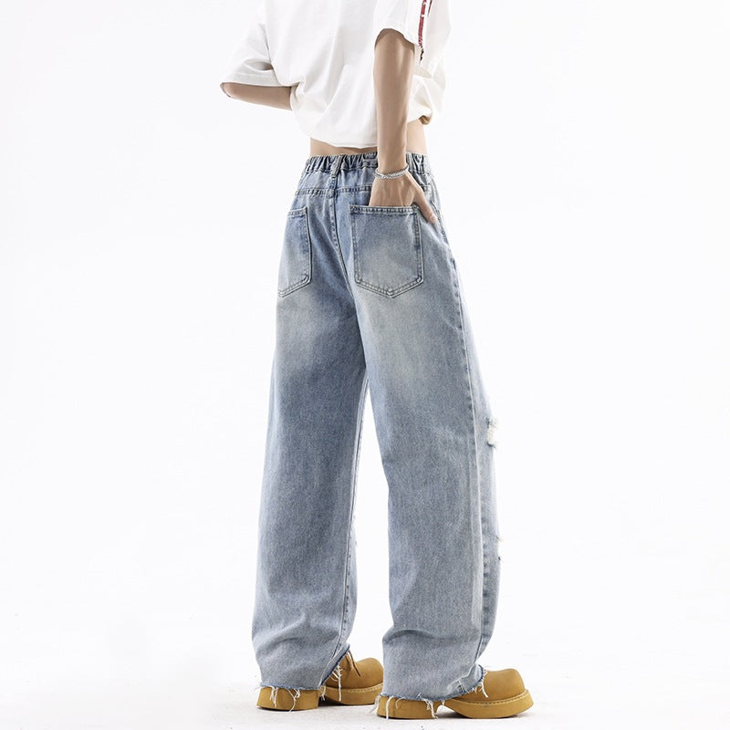 Street Style Ripped Denim Pants Men Lightweight Straight Loose