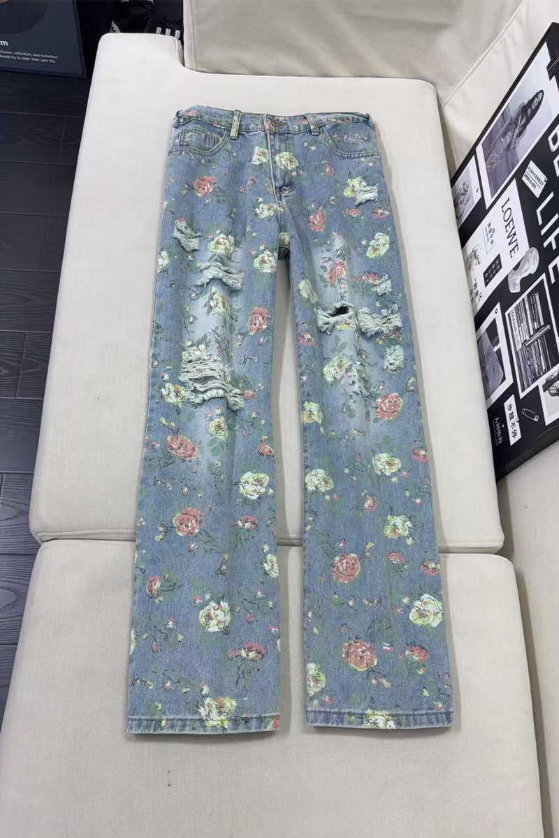 All-Over Floral Ripped Jeans for Men and Women