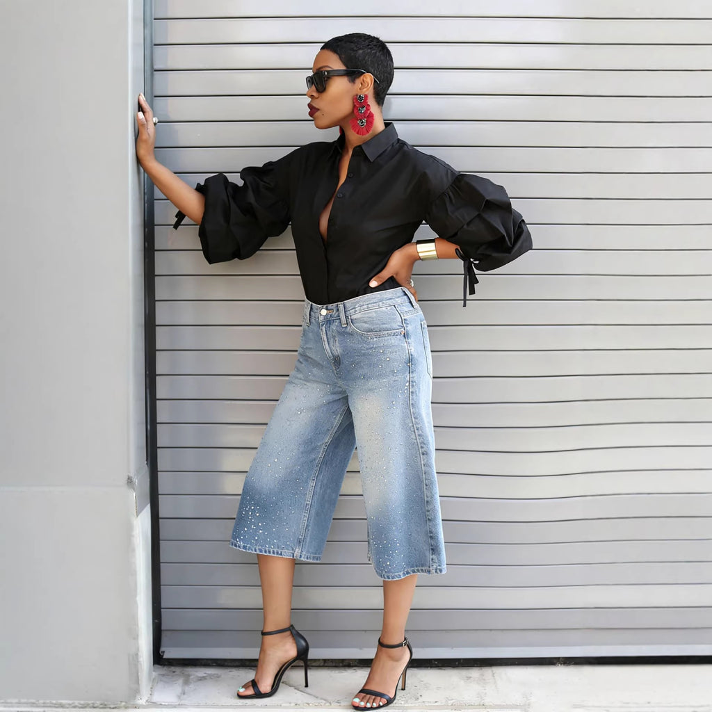 Fashion Studded High-Waisted Washed Bleached Denim Mid-Length Pants
