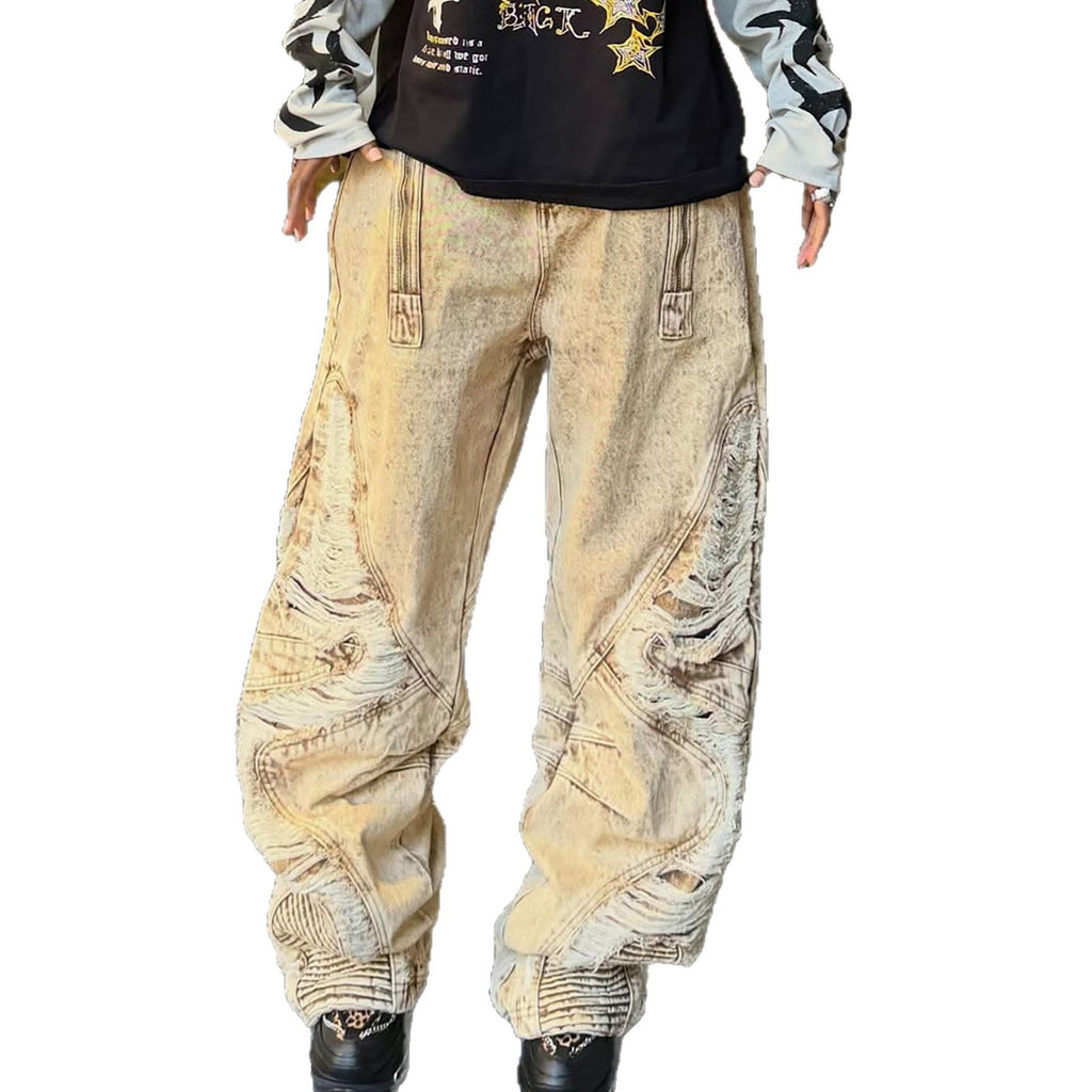 Heavily Distressed Irregular Ripped Knife-Edge Jeans
