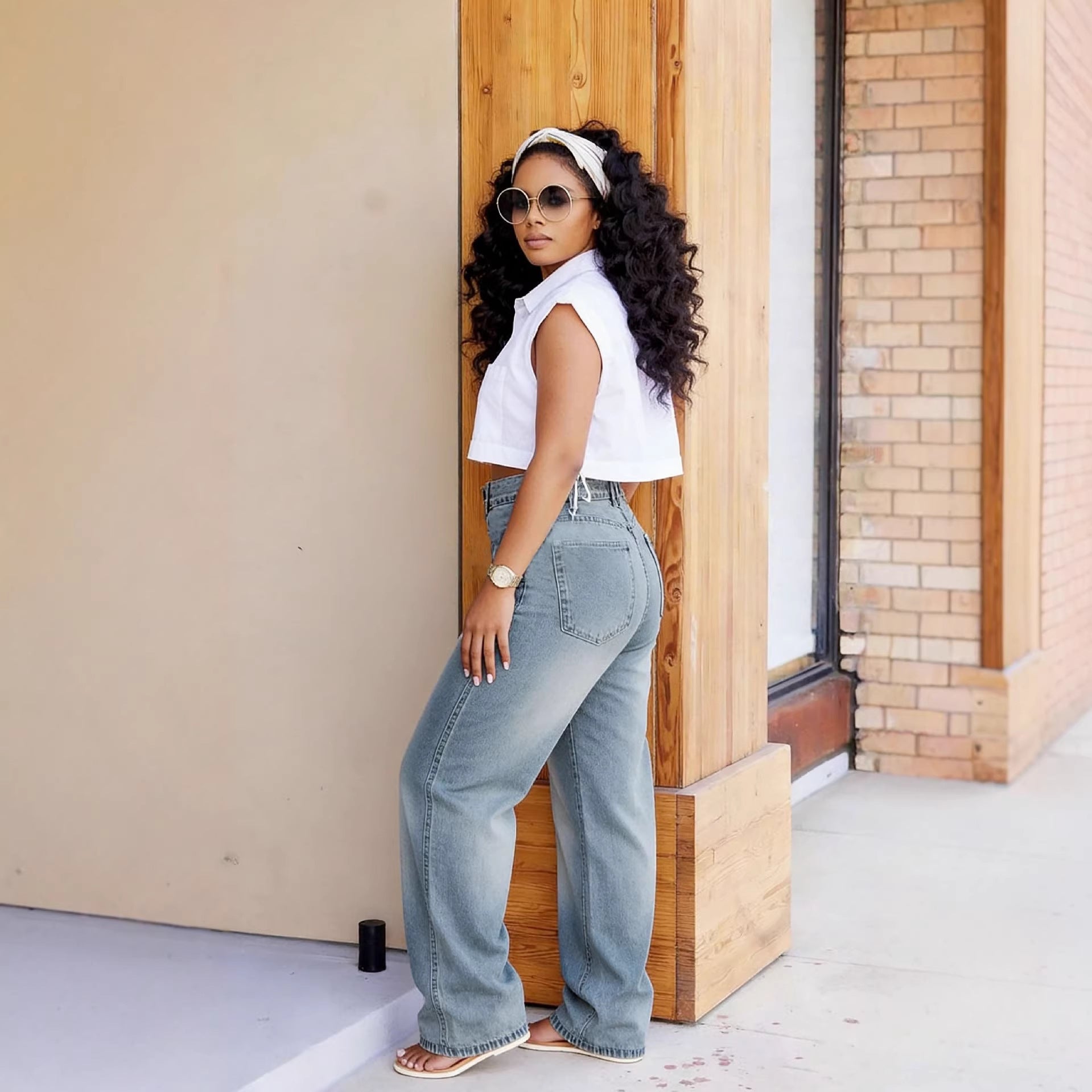 Street Style Detachable Multi-Pocket Belted Washed Distressed Denim Pants