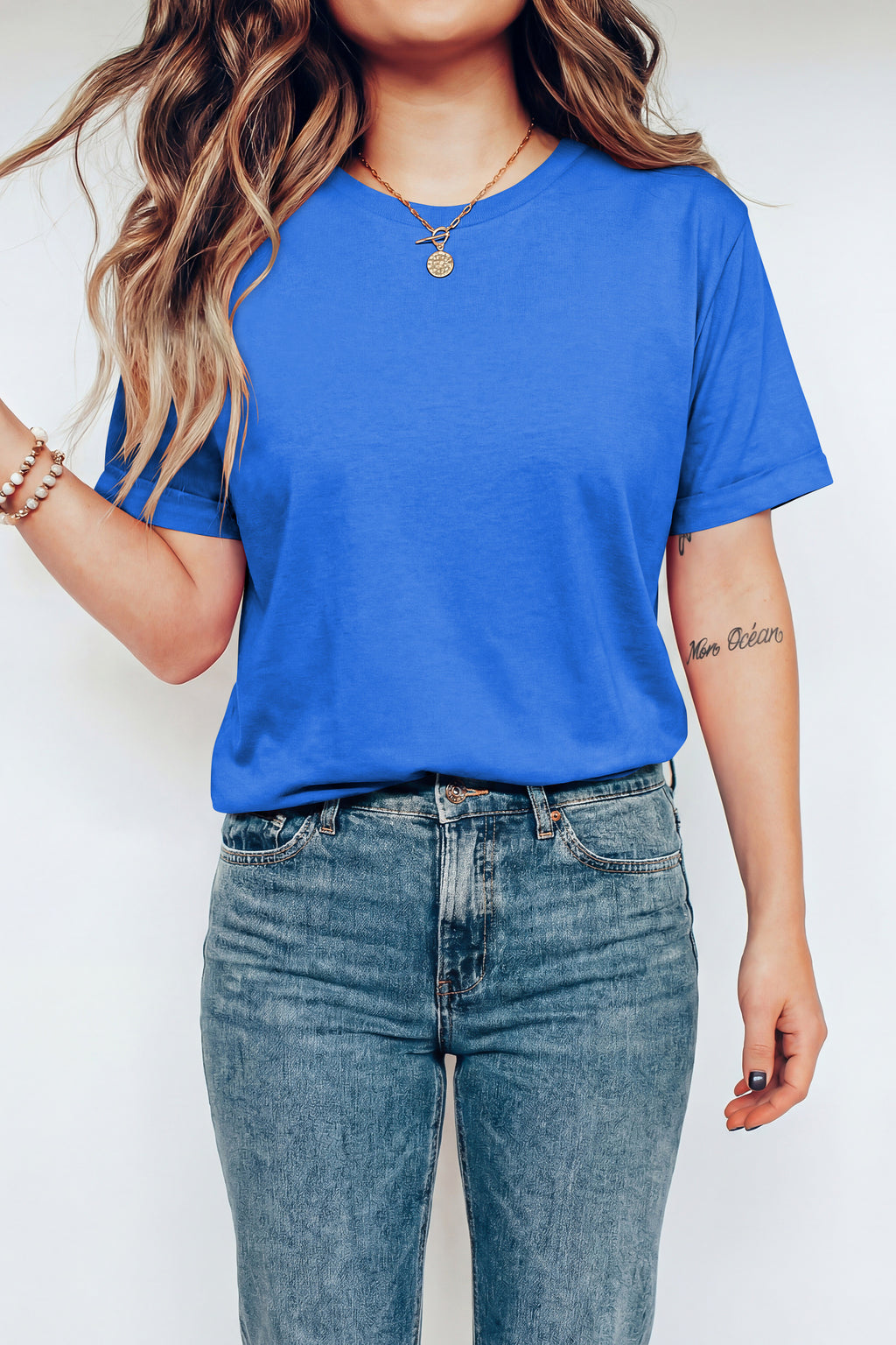Sachet Pink Solid Color Basic Crew Neck Plain Tee