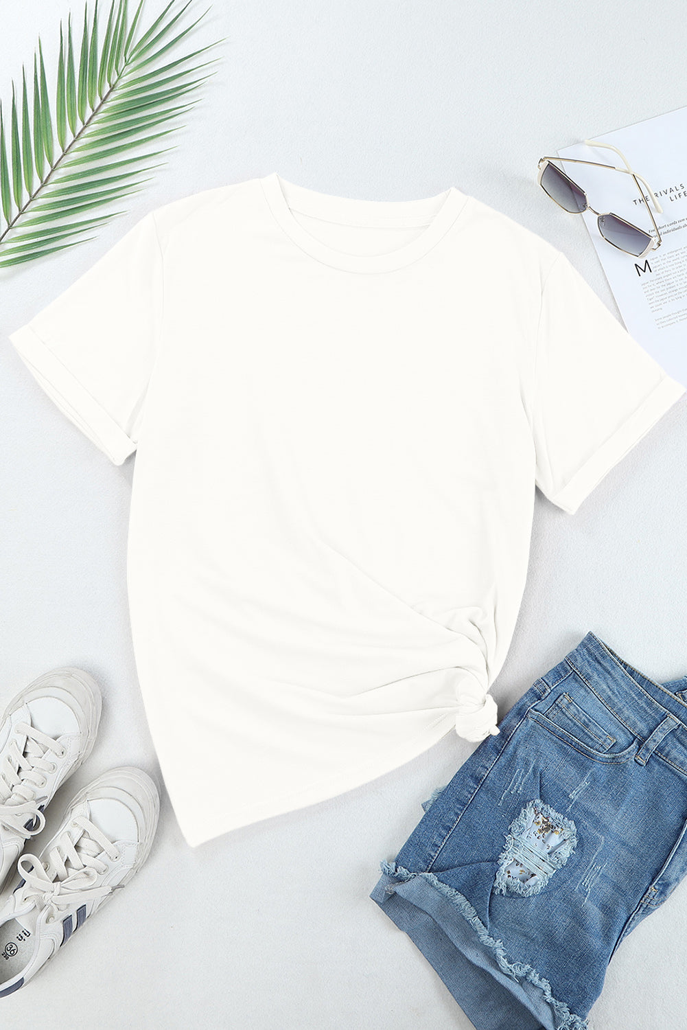 Sachet Pink Solid Color Basic Crew Neck Plain Tee