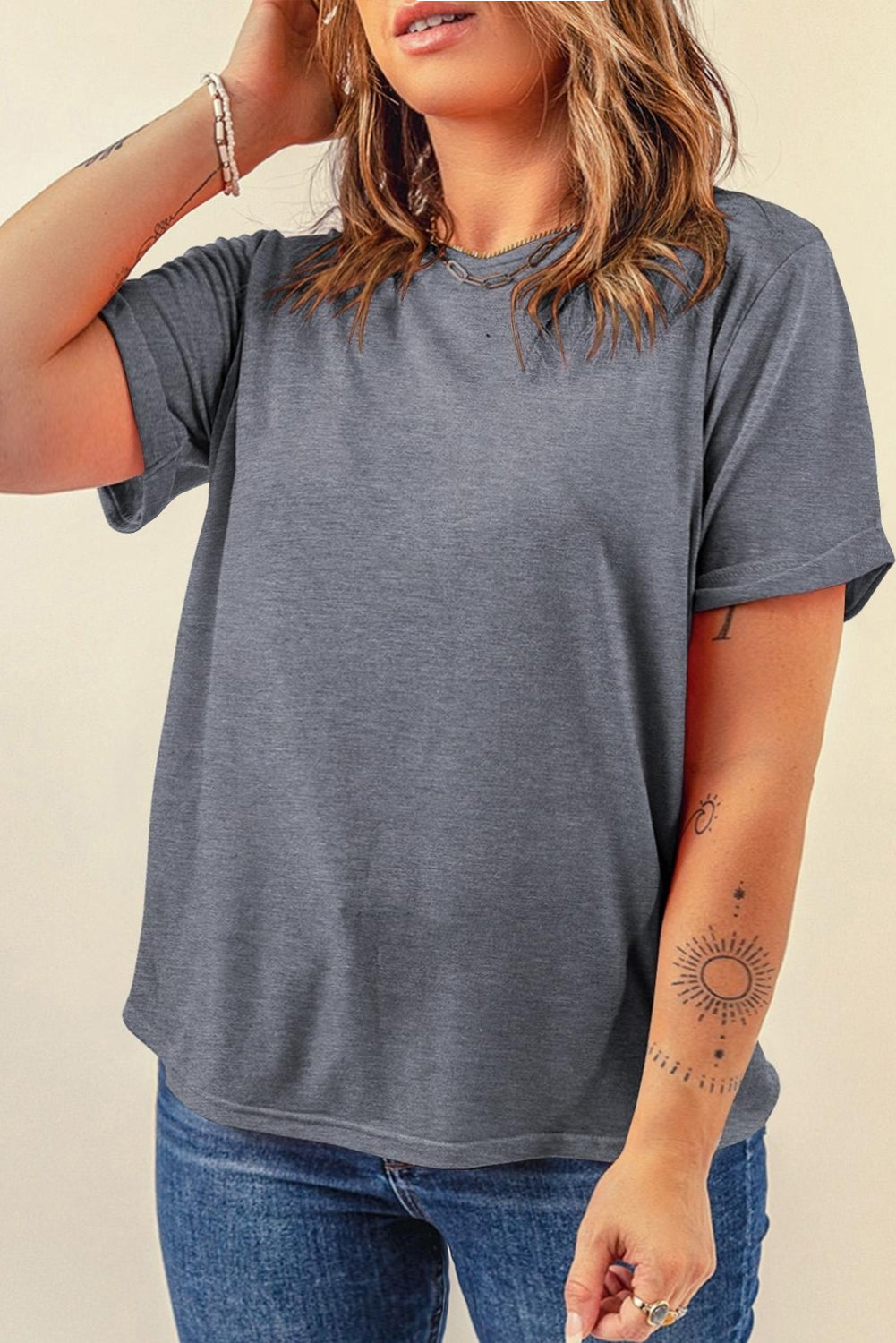 Sachet Pink Solid Color Basic Crew Neck Plain Tee