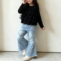 Girls' Elastic Denim Fringe Raw Hem Patchwork Flared Pants Children's Long Trousers