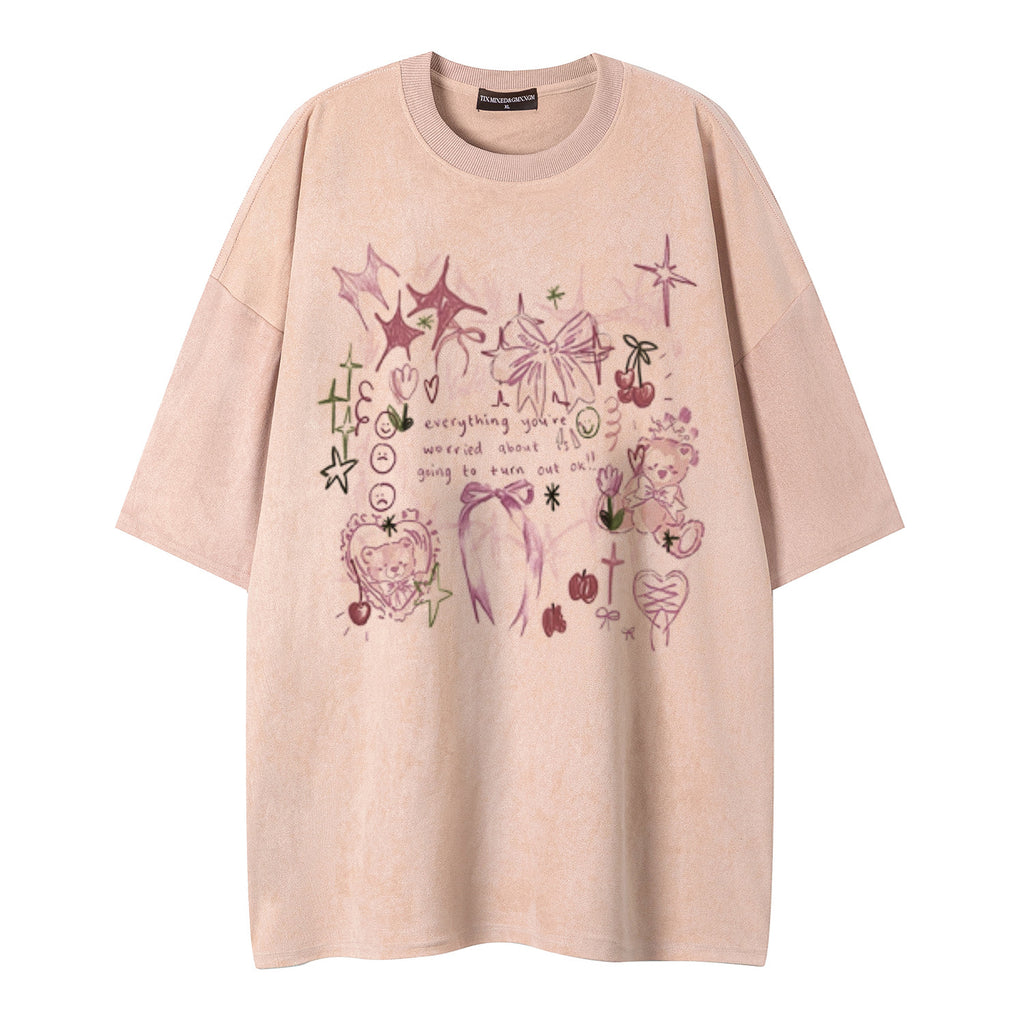 Graffiti teddy bear printed short sleeved shirt
