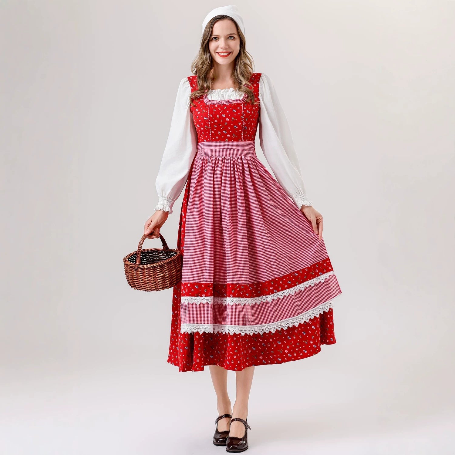 Vintage Rustic Style Little Red Riding Hood Dress, German Bavarian Traditional Servant Costume Cosplay Dress