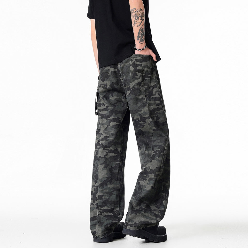Street Style Camouflage Denim Pants Men Loose Straight Leg Floor-Length Cargo Pants