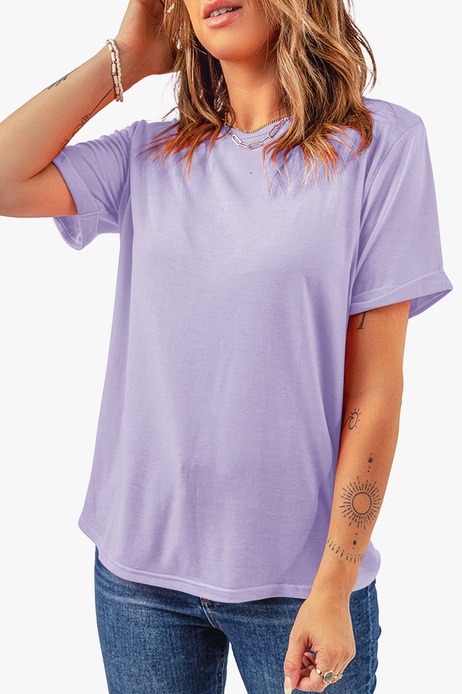 Sachet Pink Solid Color Basic Crew Neck Plain Tee