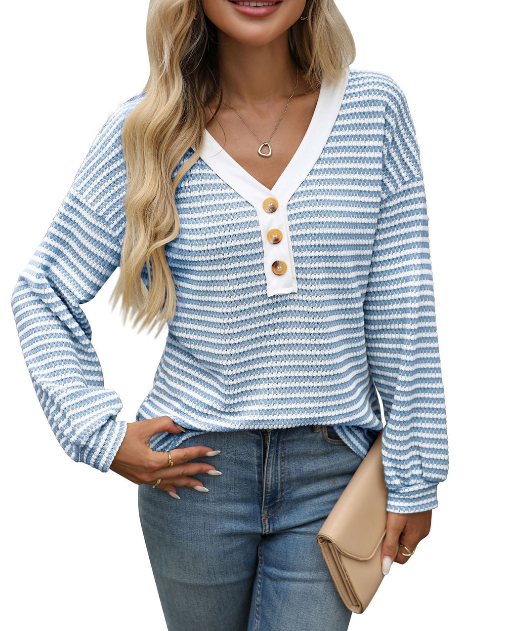V-neck button top long sleeved color blocked T-shirt