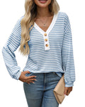 V-neck button top long sleeved color blocked T-shirt