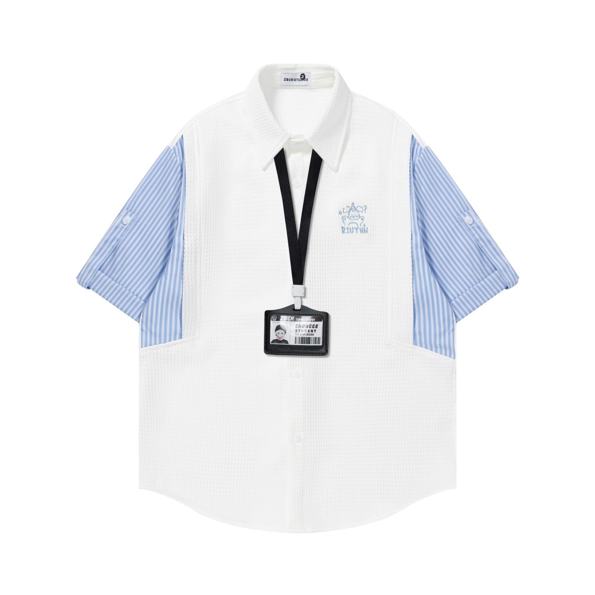 Splicing striped fake two short sleeves
