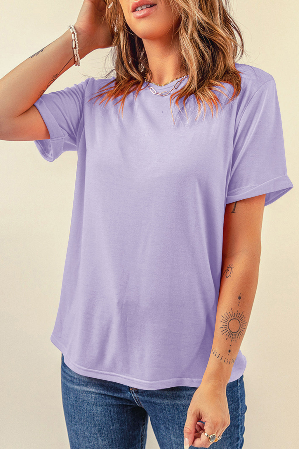 Sachet Pink Solid Color Basic Crew Neck Plain Tee