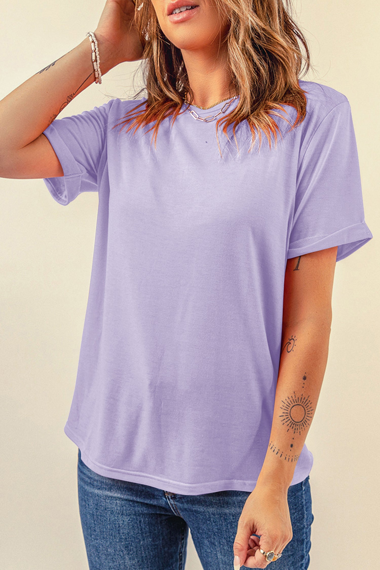 Sachet Pink Solid Color Basic Crew Neck Plain Tee