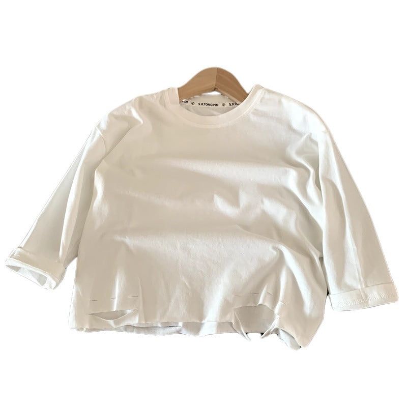 Boys' cotton ripped hoodie with round neck and long sleeved top