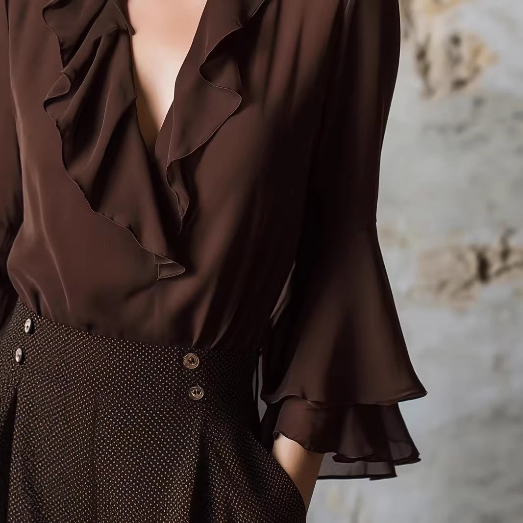 Charming Ruffle Blouse for Women, V-Neck Long Sleeve Shirt Elegant Style Feminine Top